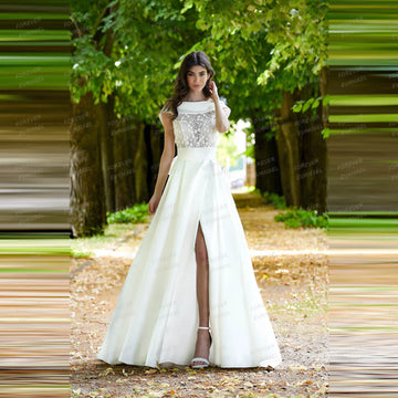 Boho Lace Wedding Dresses A Line Woman's Appliques Lace Satin Sleeveless Bride Gowns Formal Customized Vestidos De Novia