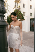 Sweetheart off-shoulder sequins pleated A-line elegant short wedding gown side view