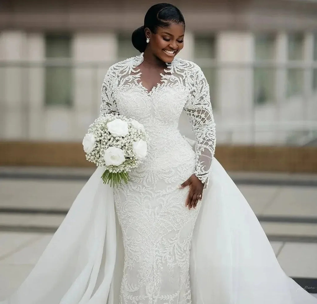 African Plus Size Mermaid Wedding Dress Bridal Gowns for Bride Illusion Detachable Train Long Sleeves Beaded Lace Crystals