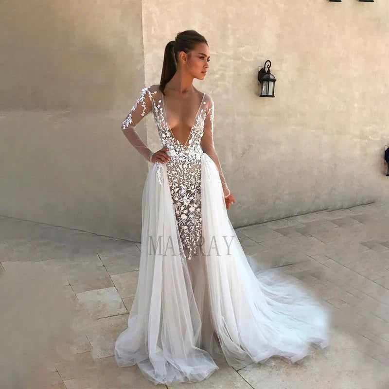 Deep V-neck detachable sweep train backless lace mermaid wedding dress size chart