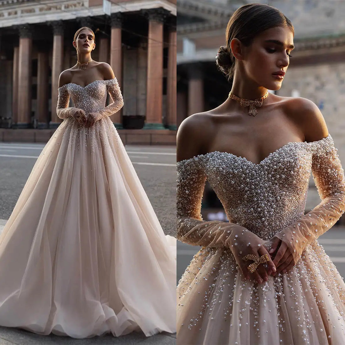 Luxury champagne wedding dress off-the-shoulder long sleeves pearls beads sweep train bridal gown