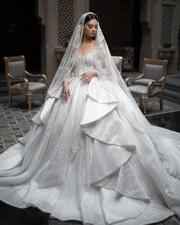 Princess Wedding Dresses Off Shoulder Long Sleeve Beads Sequins Ball Gown Bride Gowns Custom Made Puffy Bridal Dress