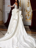 Mermaid luxury deep V-neck appliques beadings romantic detachable train bridal gown back view