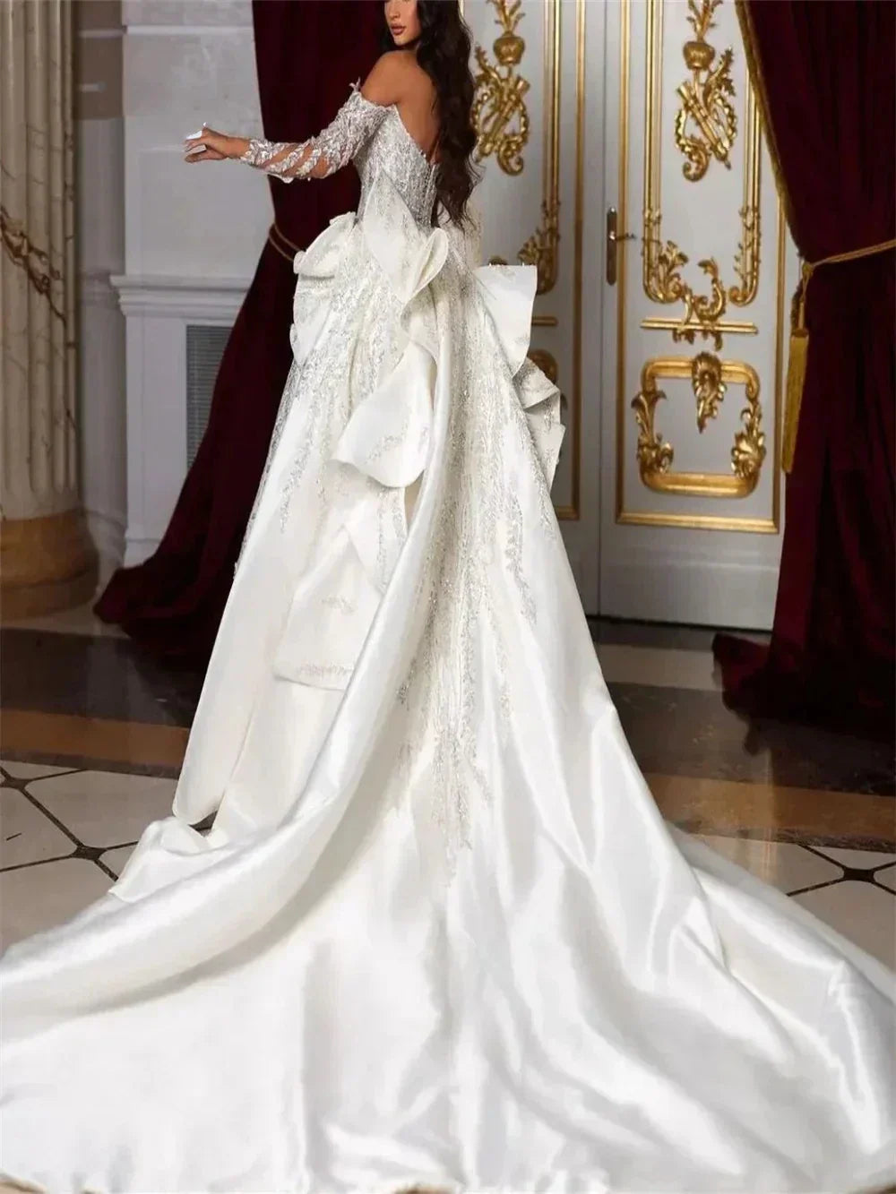 Mermaid luxury deep V-neck appliques beadings romantic detachable train bridal gown back view