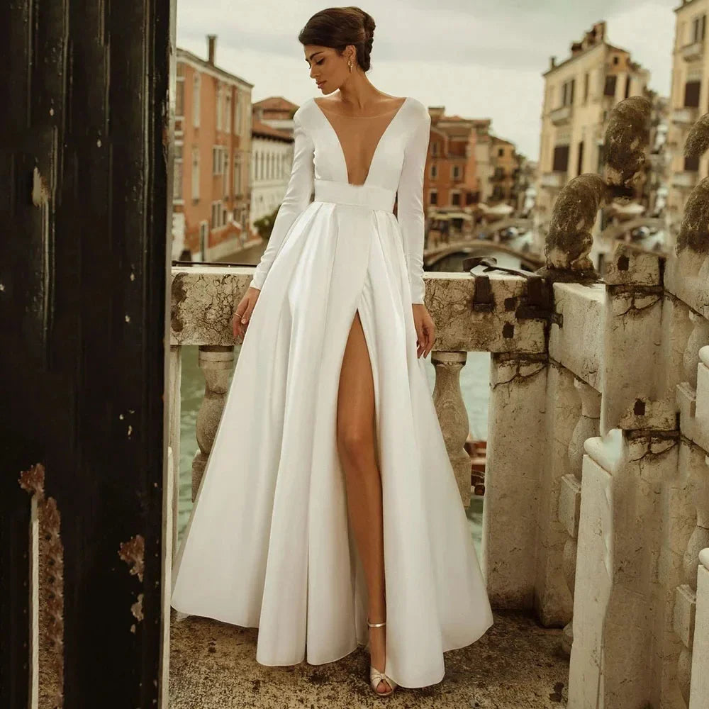 Flavinke customized Scoop Neck Deep V Wedding Dresses Open Back Floor Length Satin Long Sleeve Prom Party vestidos de novia