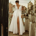 Flavinke customized Scoop Neck Deep V Wedding Dresses Open Back Floor Length Satin Long Sleeve Prom Party vestidos de novia