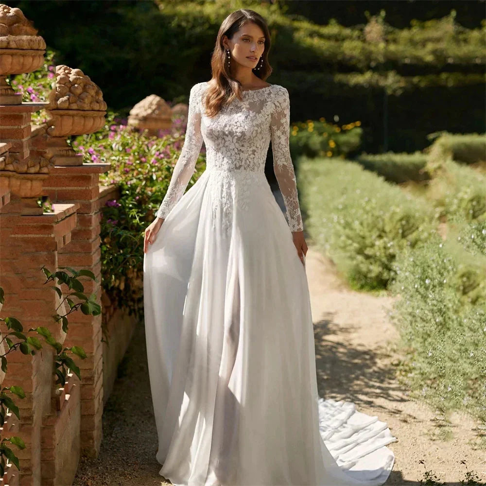 New boho wedding dress scoop lace appliques long sleeves backless chiffon beach bridal party gown