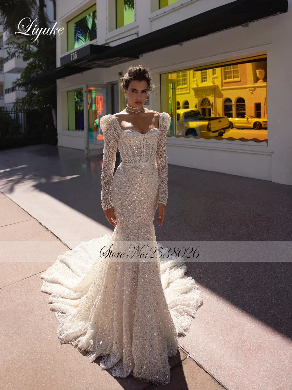 Mermaid Wedding Dress Beading Sequined Floral Lace Stunning Asymmetrical Court Train Full Sleeve Bridal Gowns