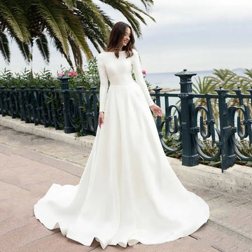 Satin Muslim Long Sleeve Wedding Dress Elegant A Line Princess Modest Bridal Gown Backless Classic Bride Dress Customized