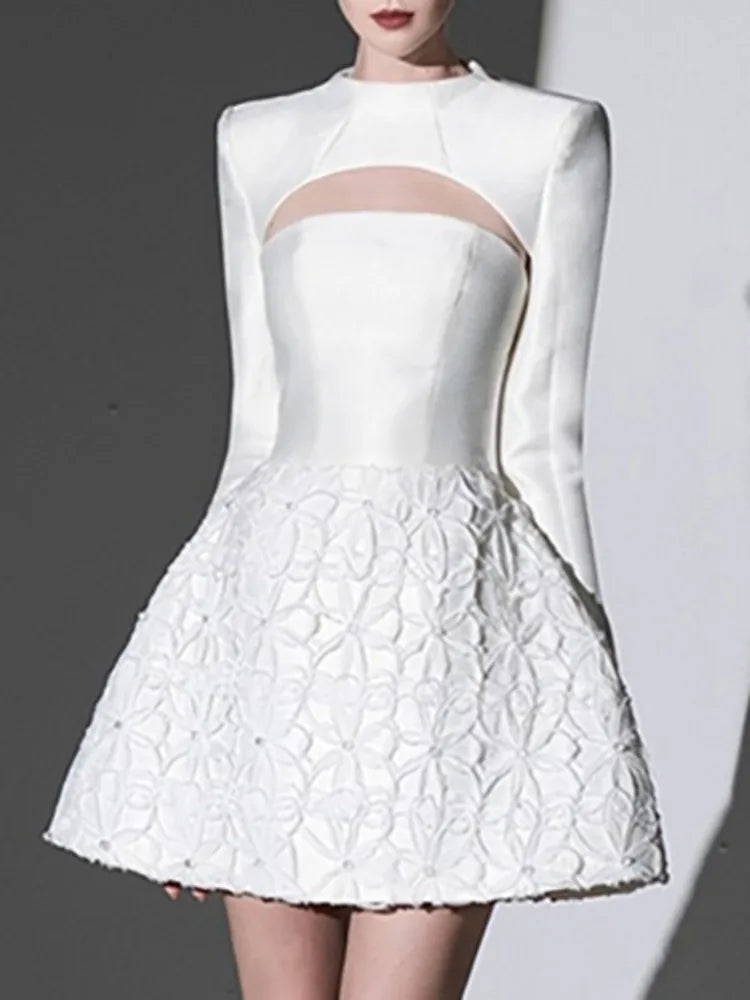 Women O-neck long sleeve crop top strapless high waist mini flower dress suit front view