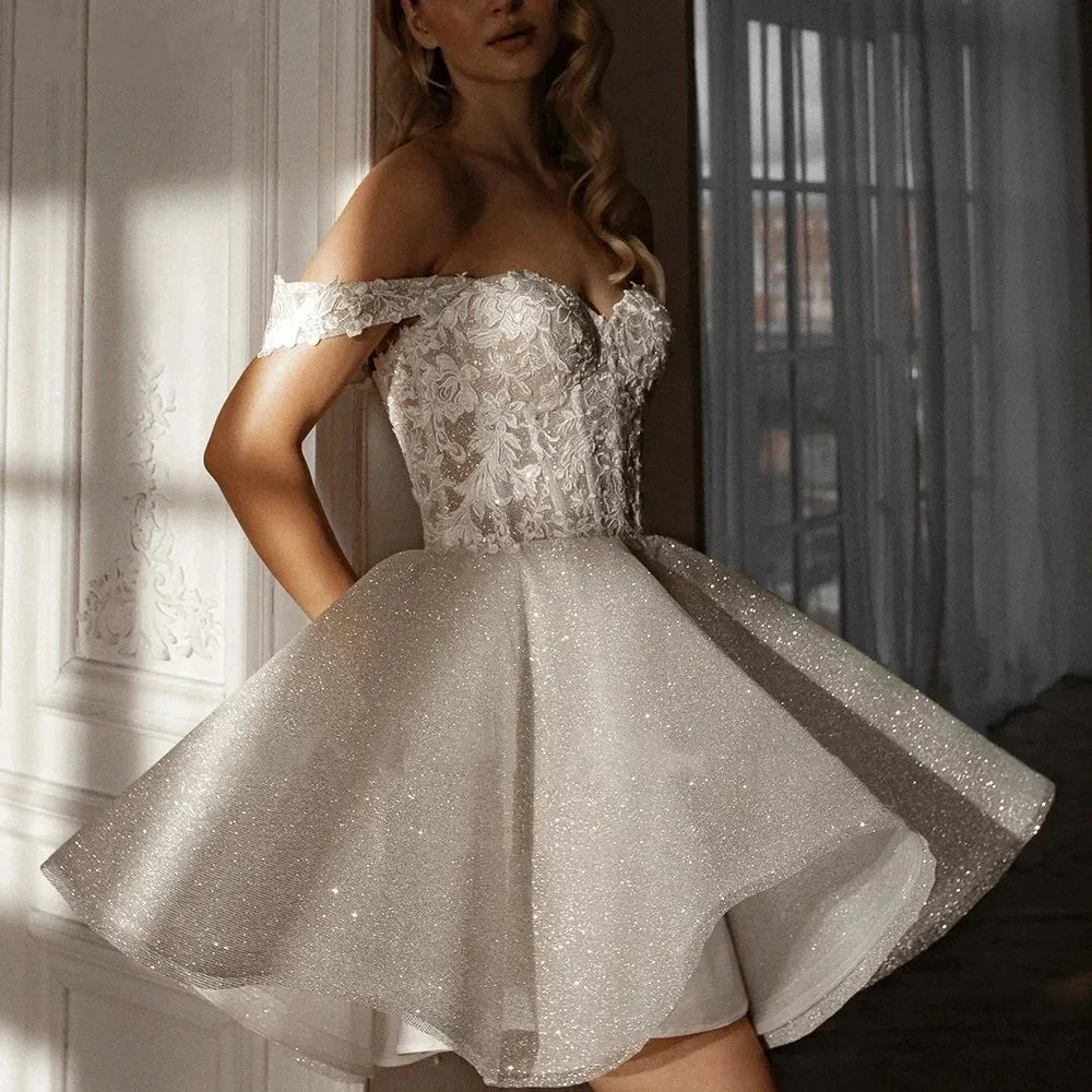 Sexy mini short sequins wedding dress lace sweetheart garden A-line off shoulder boho bridal
