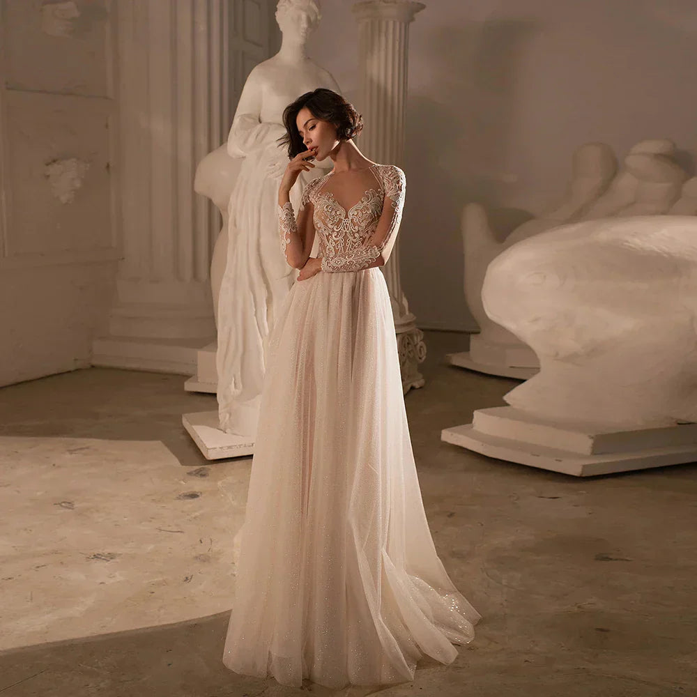 Elegant Wedding Dresses for Woman O Neck Long Sleeves Bridal Gowns Appliques Sweep Train A-line Tulle Vestidos De Novia