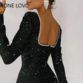 Elegant rhinestone glitter deep V-neck long sleeves midi formal black dress women back view