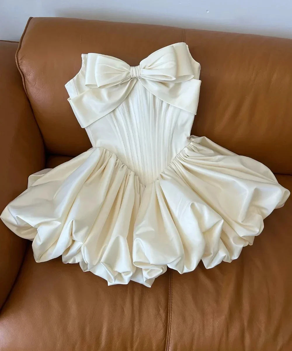 Simple mini strapless sleeveless short satin bow boho beach wedding dress bride party gown