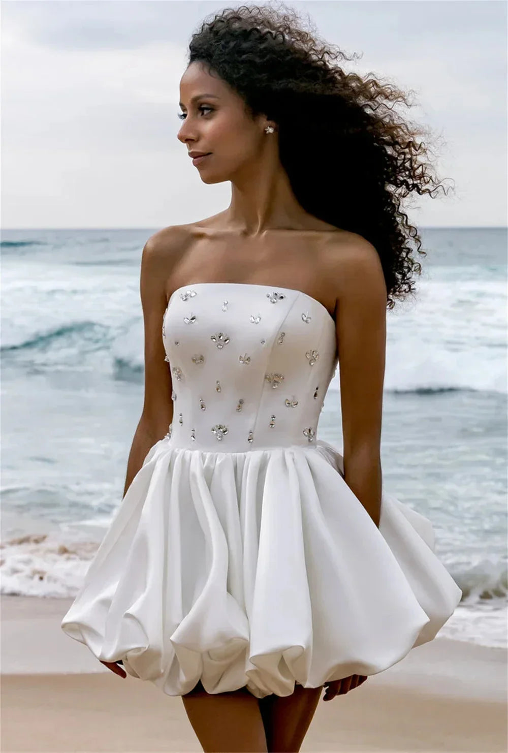 New arrival short beach wedding dress strapless crystal lace-up satin mini bridal party gown