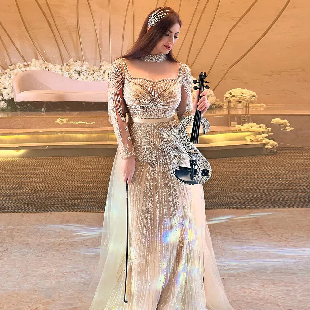 Luxury Champagne Mermaid Dubai Evening Dress with Detachable Overskirt Arabic Women Wedding Formal Party Gowns SS265
