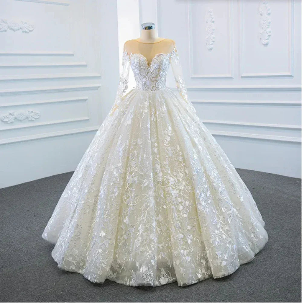 Sexy O-neck wedding dress lace embroidered romantic princess beach boho bride custom bridal gown