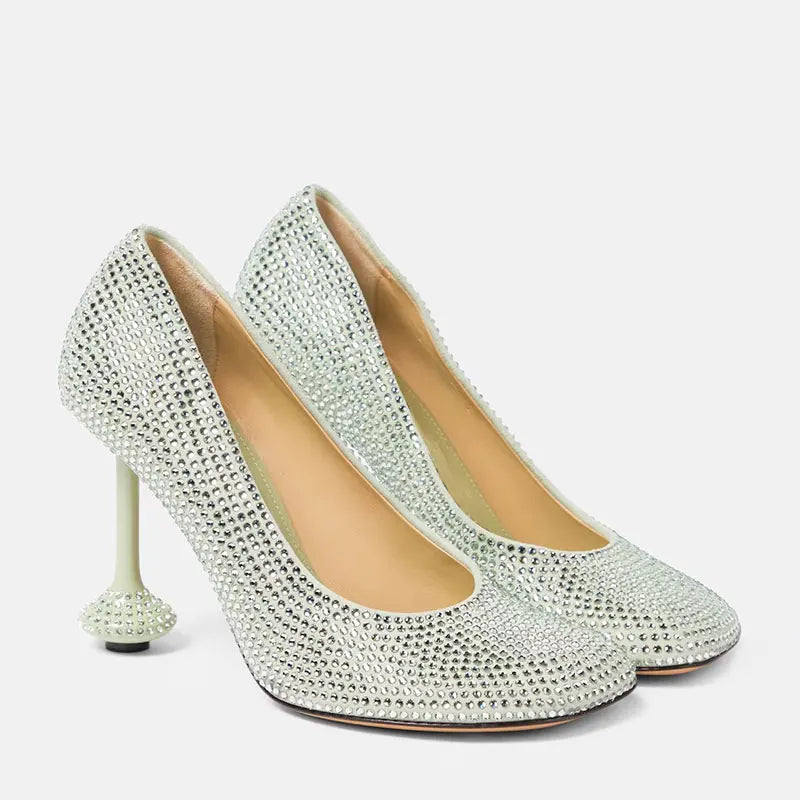 Summer New High Heel Round Head Water Diamond Shallow Mouth Women's Single Shoes Fashion Party Wedding Sexy Large Sandals