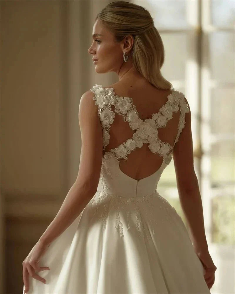 Luxury A-line Wedding Dresses Straps Flowers Lace Appliques Side Split Satin Formal Bridal Gowns 2026 Vestidos De Novias