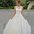 Fluffy princess off-shoulder sleeveless lace applique elegant romantic custom white wedding dress side view