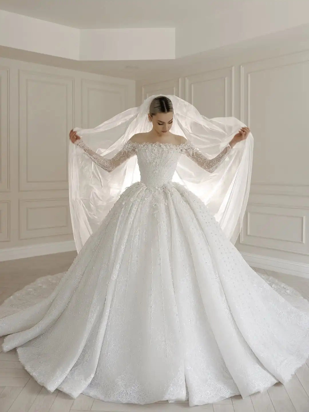 O-neck long sleeve beaded lace wedding dress – front view – Snowy Bridal