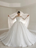 O-neck long sleeve beaded lace wedding dress – front view – Snowy Bridal