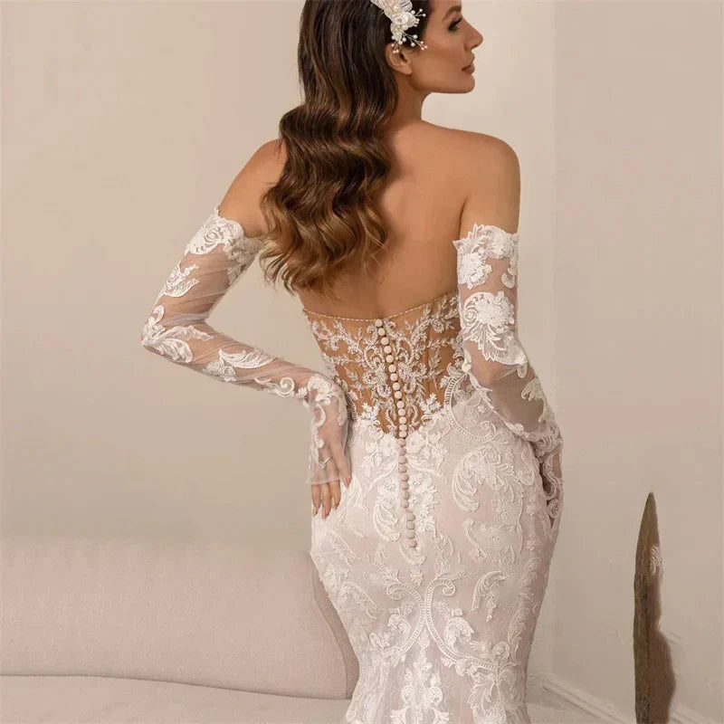 Luxury mermaid open back lace sweetheart long sleeve court train bridal gown front view