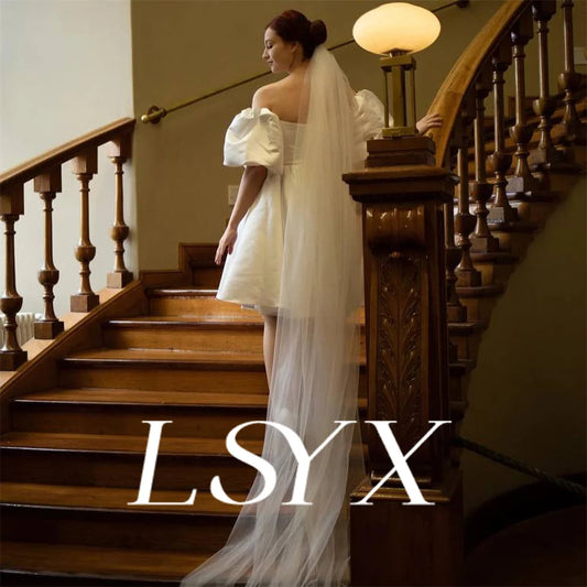 LSYX Off Shoulder Puff Sleeves Satin Mini Wedding Dress For Women A Line Open Back Above Knee Short Bridal Gown Custom Made