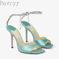 Square open toe satin crystal chain thin high heel ankle strap luxury wedding bride shoes