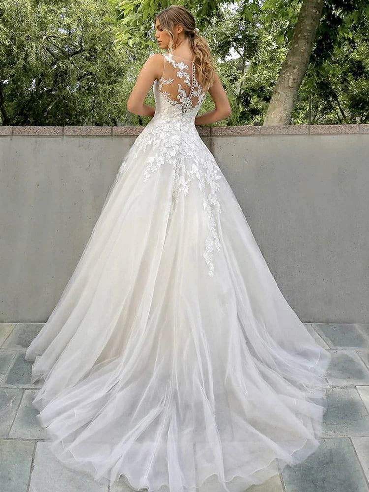 Scoop neck tulle applique wedding dress – front view – Snowy Bridal