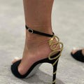 Ankle buckle rhinestone snake spiral round toe high heels open summer party women sandals side view