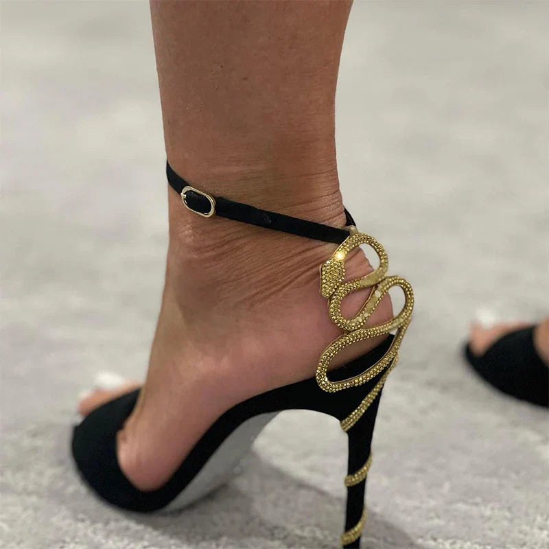 Ankle buckle rhinestone snake spiral round toe high heels open summer party women sandals side view