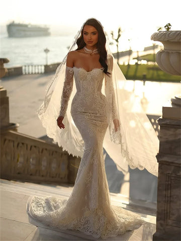 Customized Mermaid Lace Wedding Dresses with Off the Shoulder Full Sleeves Long Bride Dress for Women Vestidos De Novia