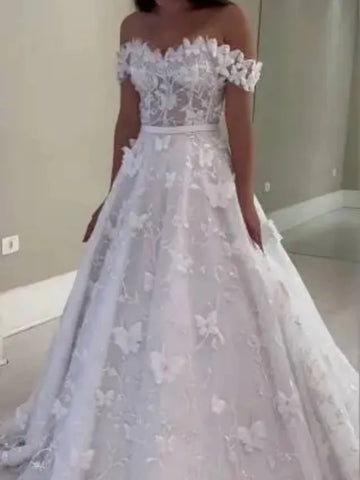 Off the Shoulder Vestido De Noiva 3D Lace Wedding Dress Custom-made Plus Size Vestidos De Novia Bridal Tulle Mariage