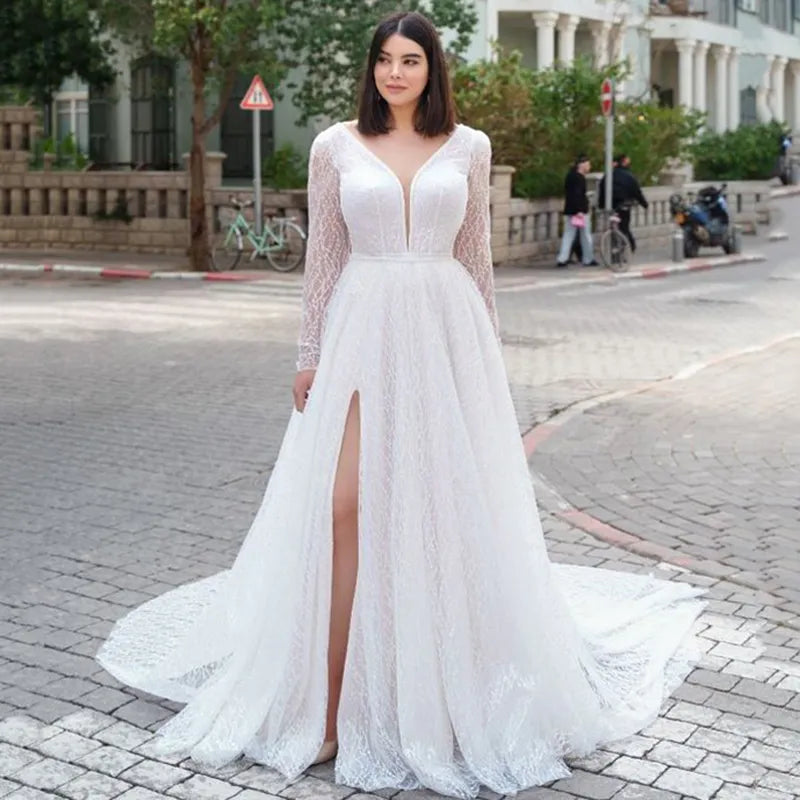 Beach V-neck long sleeve plus size wedding dress glitter sequined high split backless floor length bridal gown