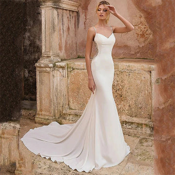 Simple mermaid spaghetti strap V-neck lace backless bridal gown size chart