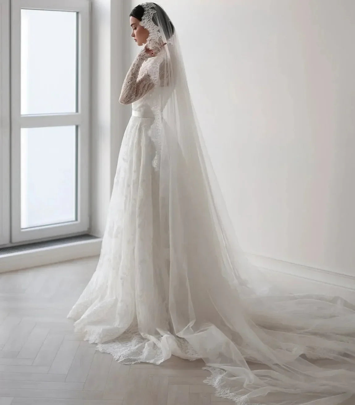 Sweep train Muslim bride - side angle