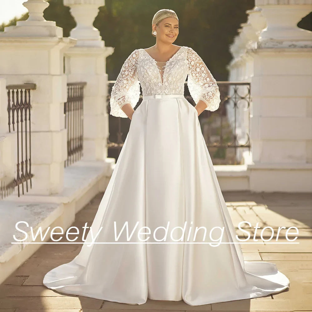 Plus Size Wedding Dresses Classic Satin Bridal Dresses Puff Sleeves V Neck Beading Sequined A Line Bride Gown with Pockets