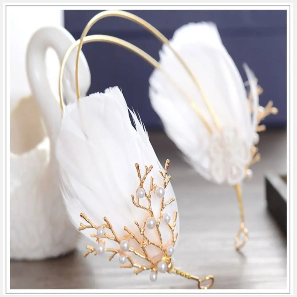 White Feather Tiara Headband Wedding Hair Accessories For Girl Women Crowns Fashion Pearl Tiaras Korona Branches Hair Ornaments
