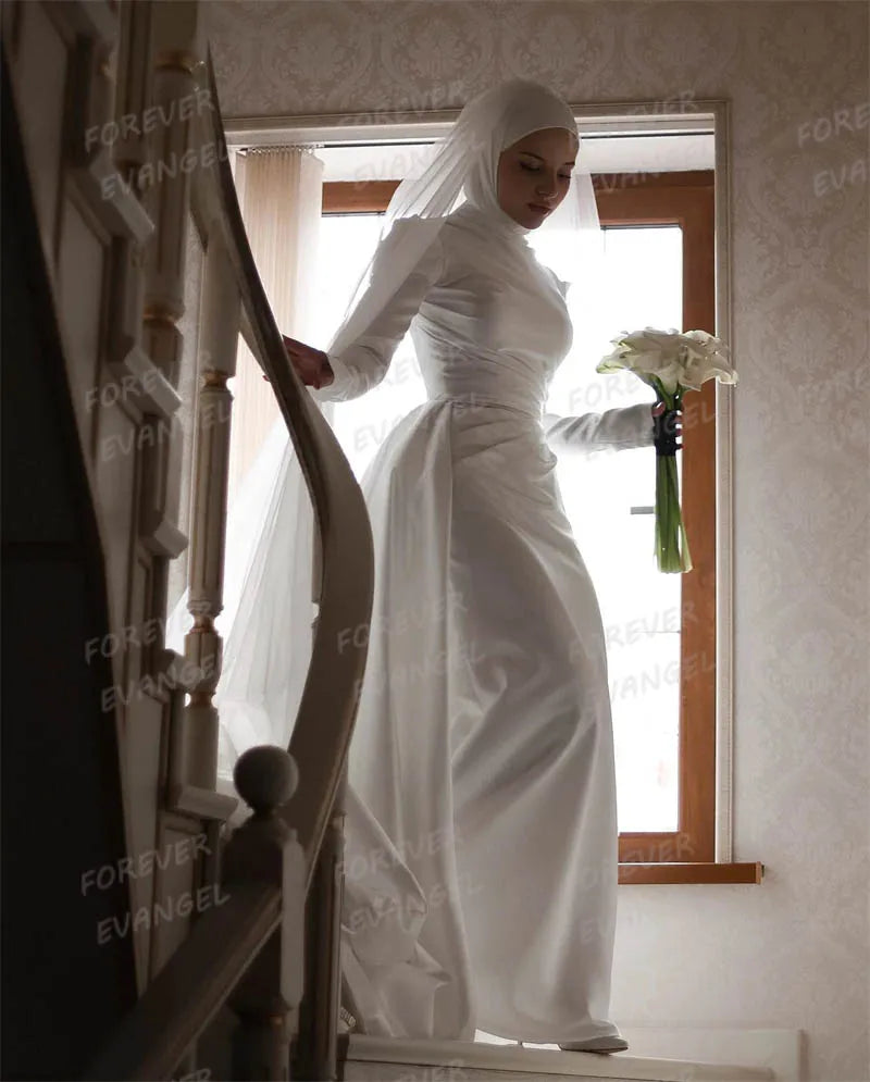 Luxury Muslim Wedding Dresses Mermaid Woman's Long Sleeve High Neck Satin Formal Bride Gowns Elegant Vestido De Novia Customized