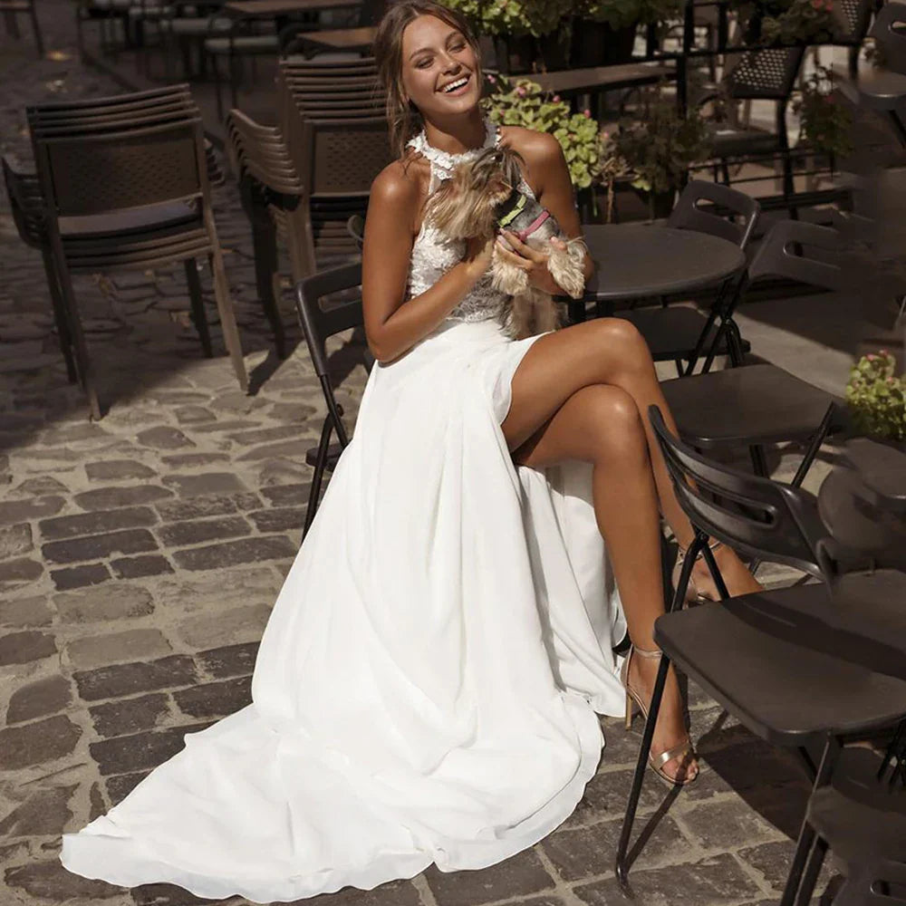 Bohemian Chiffon Wedding Dresses For Women Simple O-Neck Backless Sleeveless A-Line Bridal Gowns Beach Custom Made