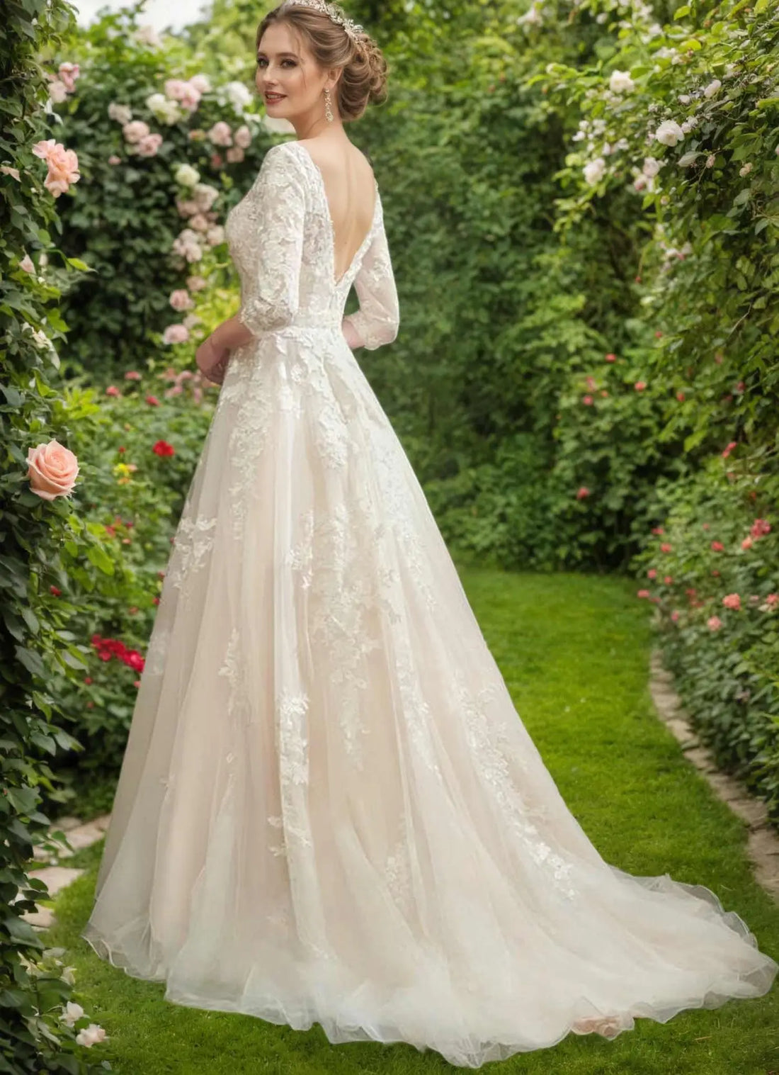 Classic A-line wedding dress V-neck half sleeves lace appliques tulle princess boho garden bridal gown