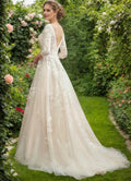 V-neck half sleeves lace appliques tulle A-line classic princess boho garden wedding dress bridal gown ivory