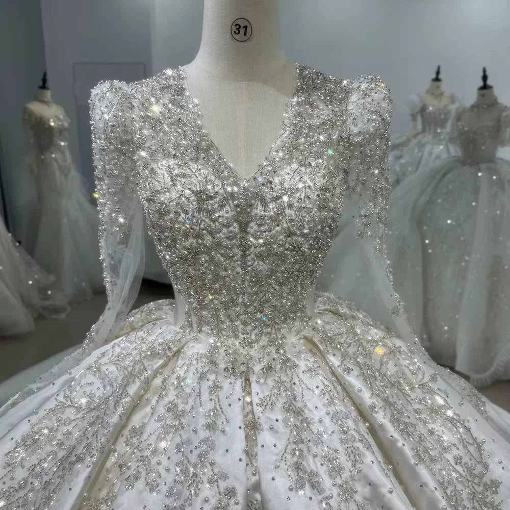 Customize Satin Wedding Dress Long Sleeve V-Neck Sequined Beading Luxury Bridal Dress Vestidos de novia amanda novias official