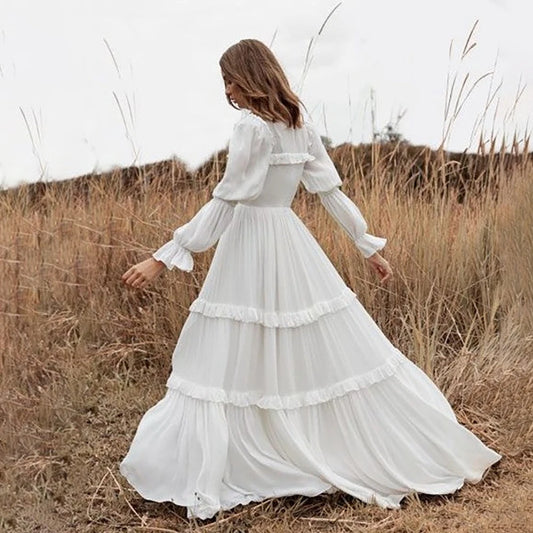 Customized Mock Neck Chiffon Long Gathered Sleeve Retro Wedding Dress Layered Ruffle Ankle Length Muslim Cottagecore Bridal Gown