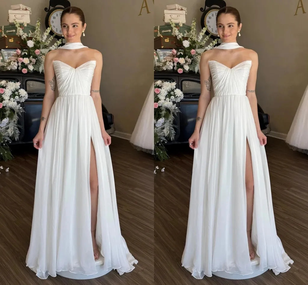 Classic A-line wedding dress wrap sweetheart pleats slit chiffon long princess bridal party gown