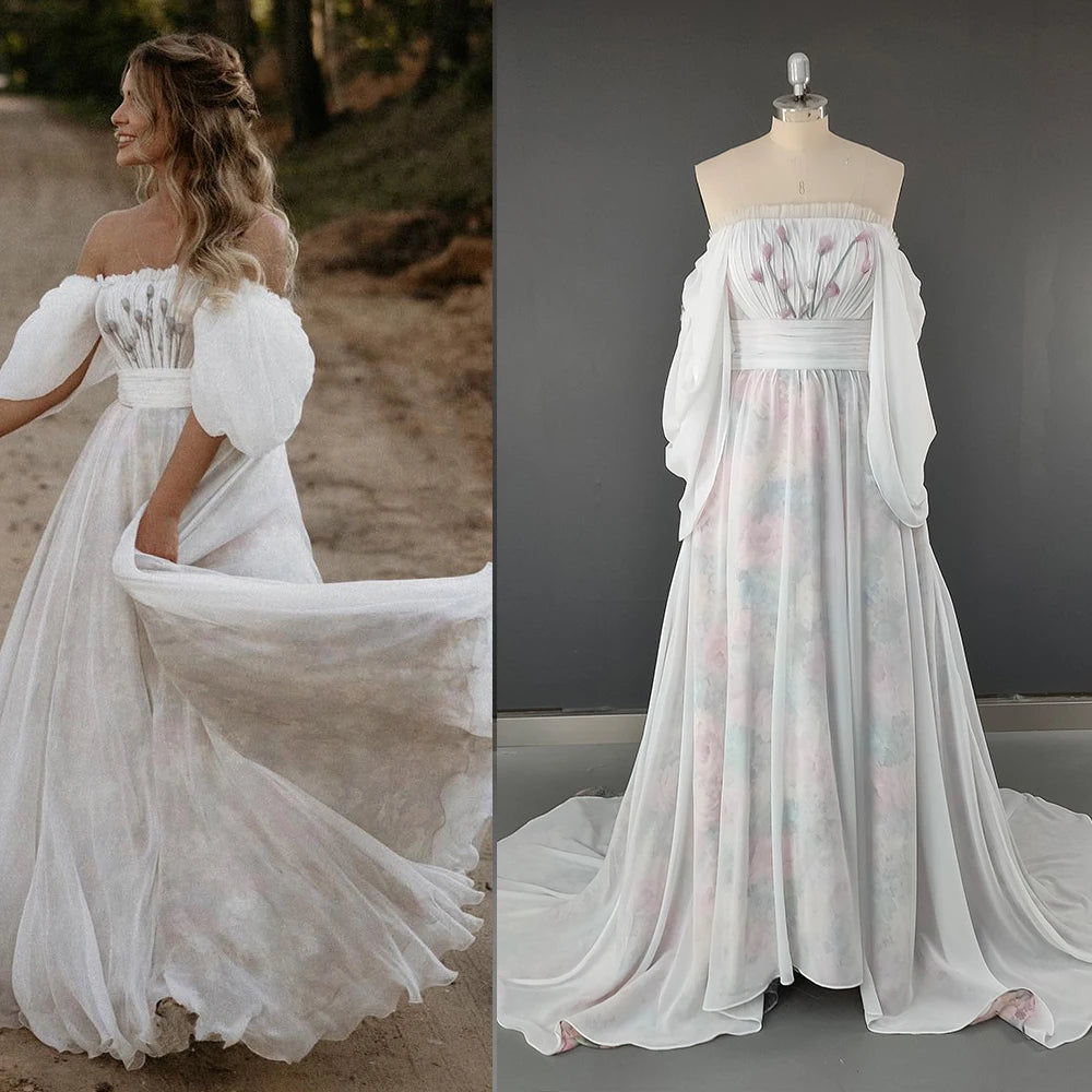 Half Puffy Sleeves Strapless Ruched Chiffon Wedding Dress Princess Customized Lace Boho Beach Garden Off Shoulder Bridal Gowns