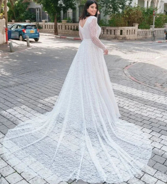 2024 New Long Sleeve Slit A-Line Wedding Dress Customized