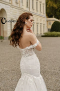 Backless pleated beadings off-shoulder trumpet appliques wedding dress bridal gown side view