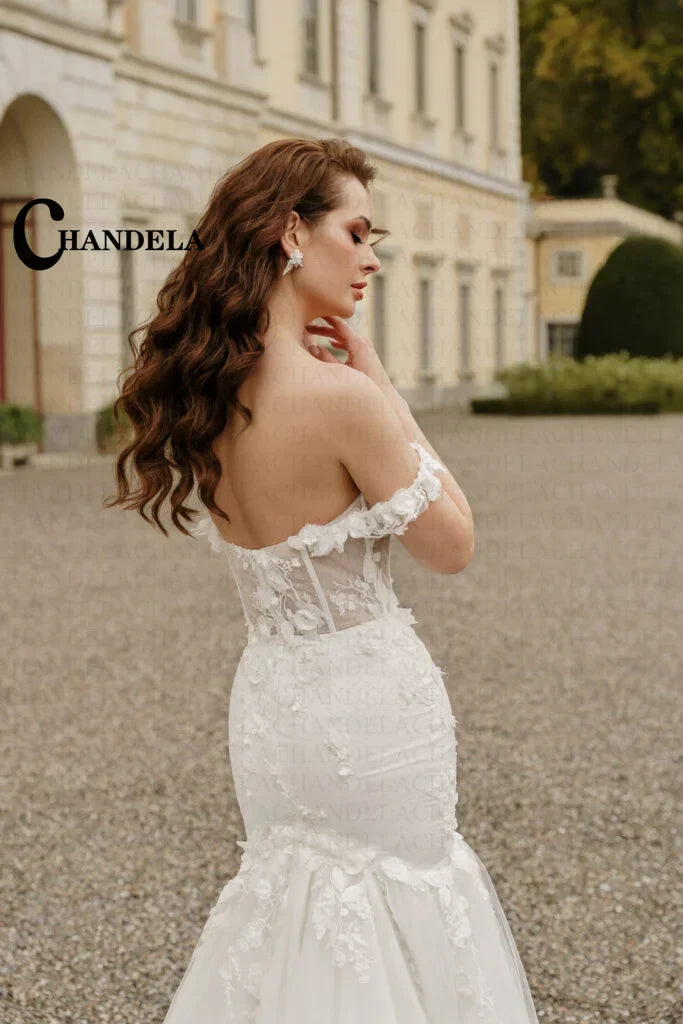 Backless pleated beadings off-shoulder trumpet appliques wedding dress bridal gown side view